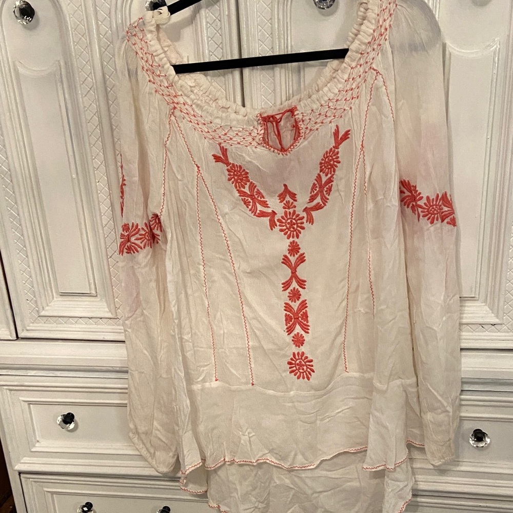 Free People Cream and Red Embroidered Blouse